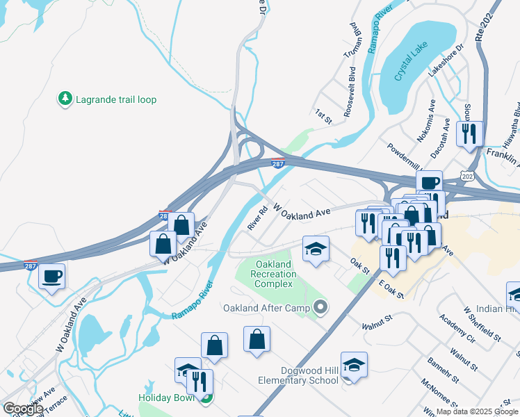 map of restaurants, bars, coffee shops, grocery stores, and more near 35 River Road in Oakland