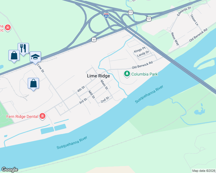 map of restaurants, bars, coffee shops, grocery stores, and more near 6275 Main Street in Bloomsburg