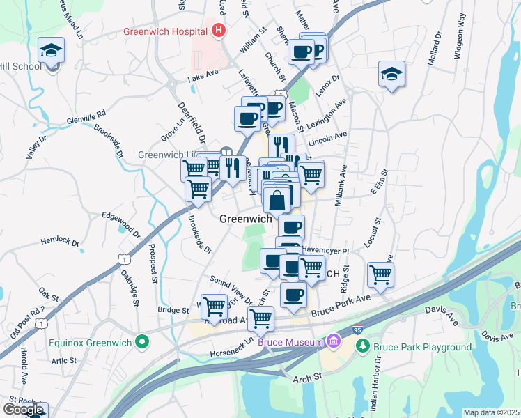 map of restaurants, bars, coffee shops, grocery stores, and more near in Greenwich