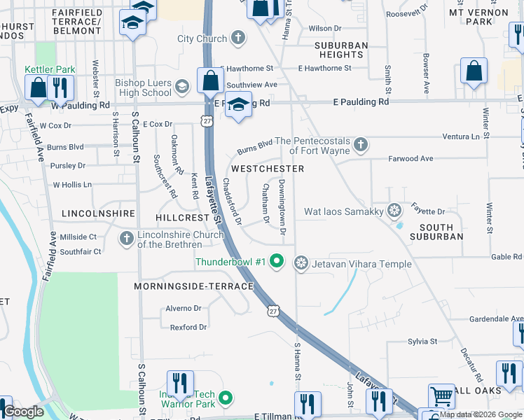 map of restaurants, bars, coffee shops, grocery stores, and more near 515 Berwyn Lane in Fort Wayne