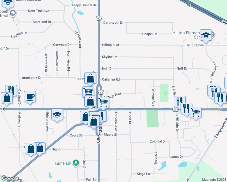 map of restaurants, bars, coffee shops, grocery stores, and more near 60 Village Boulevard in Canfield