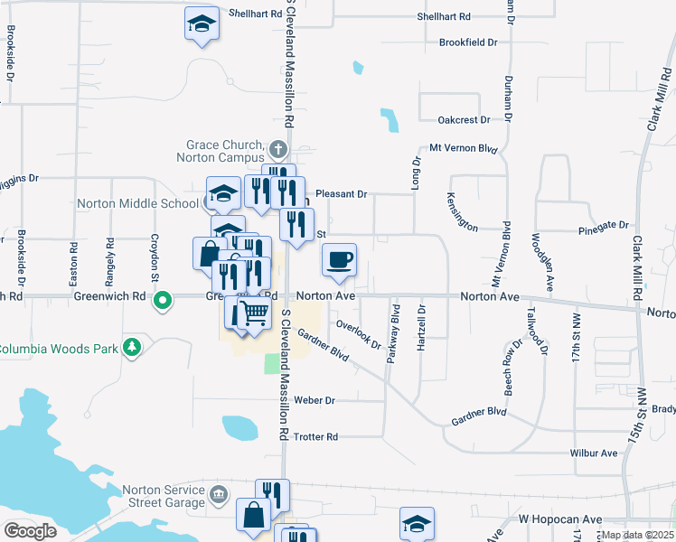 map of restaurants, bars, coffee shops, grocery stores, and more near 1275 Norton Avenue in Norton