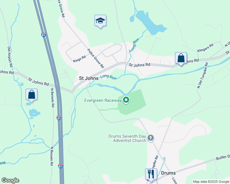 map of restaurants, bars, coffee shops, grocery stores, and more near 179 Mill Mountain Road in Drums