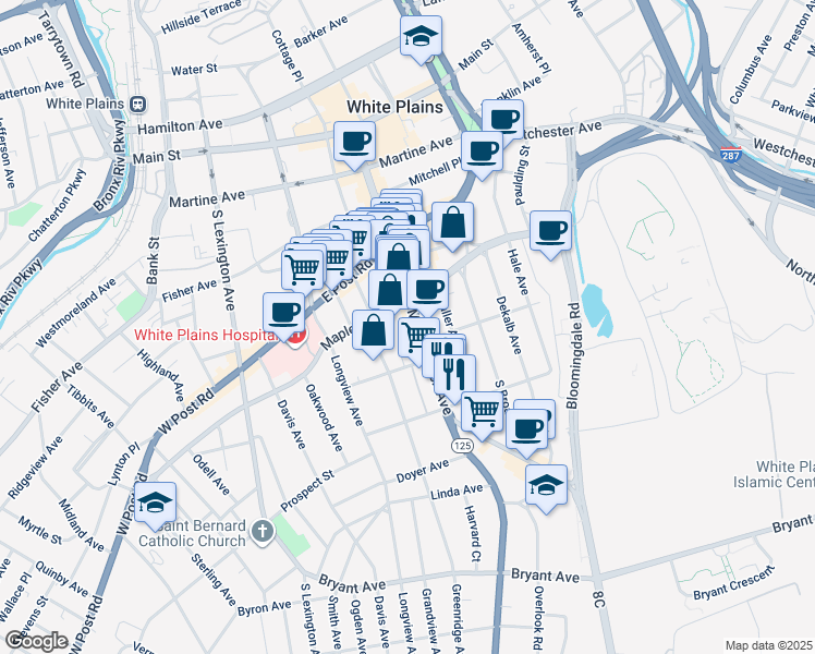 map of restaurants, bars, coffee shops, grocery stores, and more near 250 Mamaroneck Avenue in White Plains