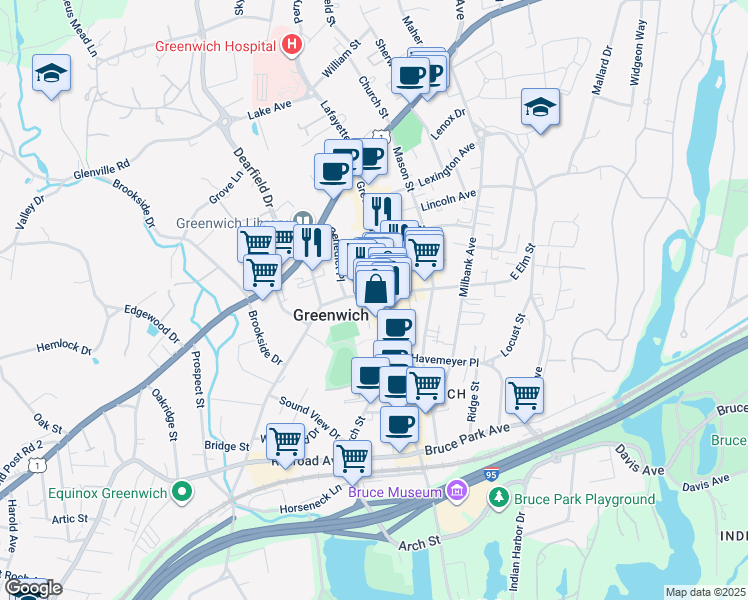 map of restaurants, bars, coffee shops, grocery stores, and more near 265 Greenwich Avenue in Greenwich