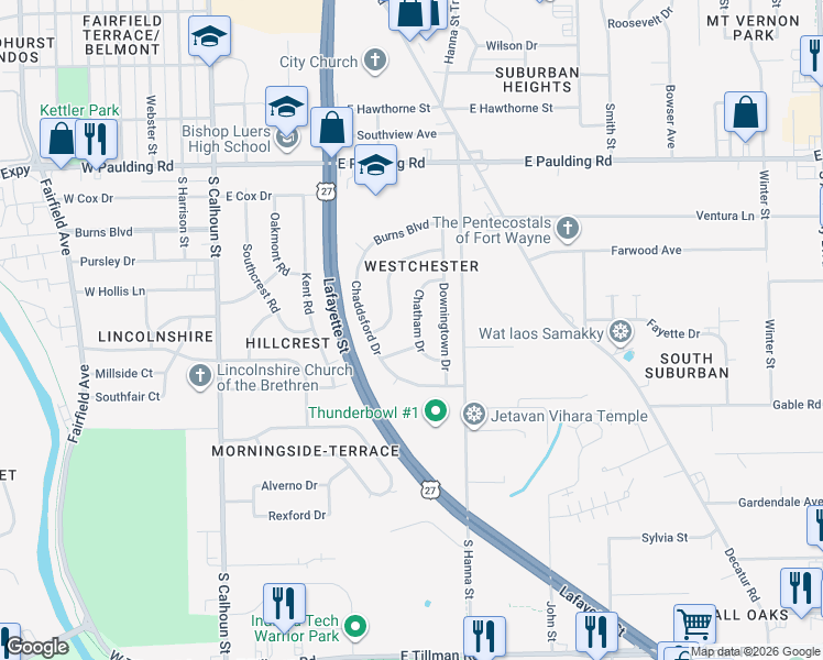 map of restaurants, bars, coffee shops, grocery stores, and more near 515 Berwyn Lane in Fort Wayne