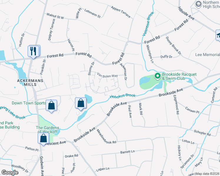 map of restaurants, bars, coffee shops, grocery stores, and more near 83 Frost Lane in Mahwah