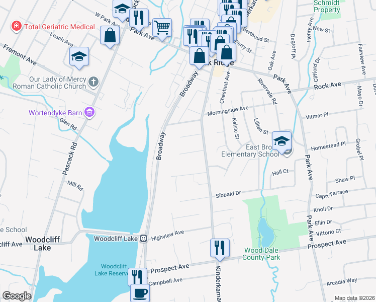 map of restaurants, bars, coffee shops, grocery stores, and more near 102 Maple Terrace in Park Ridge