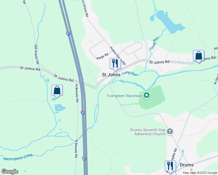 map of restaurants, bars, coffee shops, grocery stores, and more near 194 Mill Mountain Road in Drums