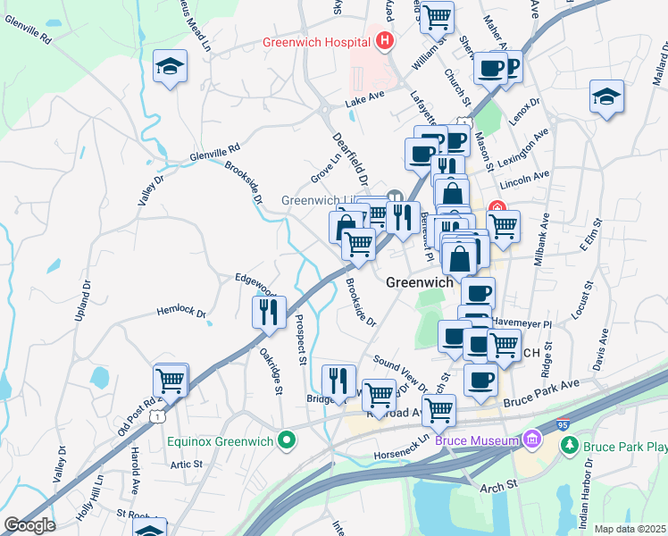 map of restaurants, bars, coffee shops, grocery stores, and more near 166 West Putnam Avenue in Greenwich