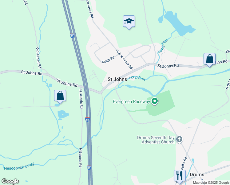 map of restaurants, bars, coffee shops, grocery stores, and more near 194 Mill Mountain Road in Drums