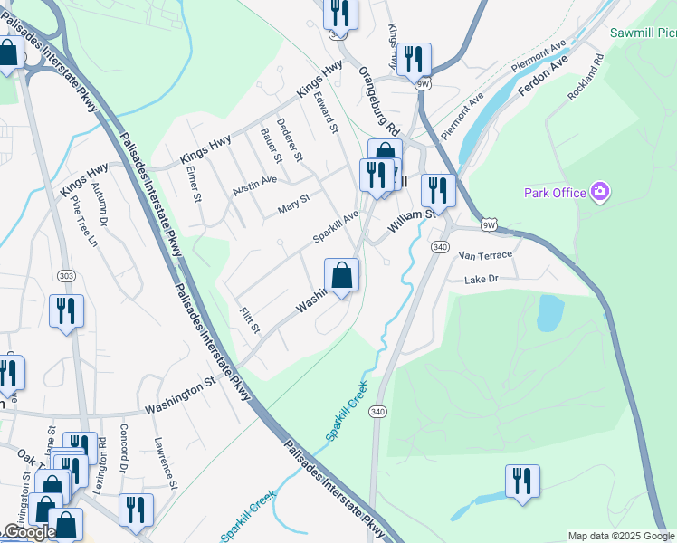 map of restaurants, bars, coffee shops, grocery stores, and more near 510 Washington Street in Sparkill