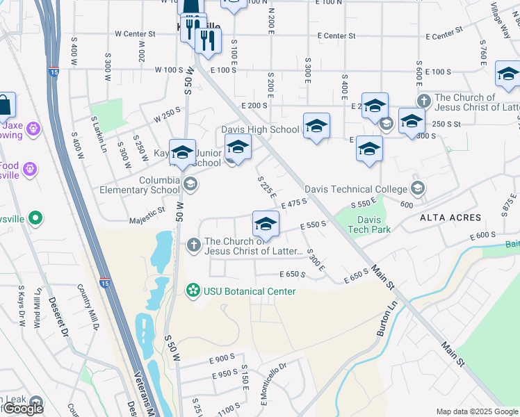 map of restaurants, bars, coffee shops, grocery stores, and more near 173 East 475 South in Kaysville