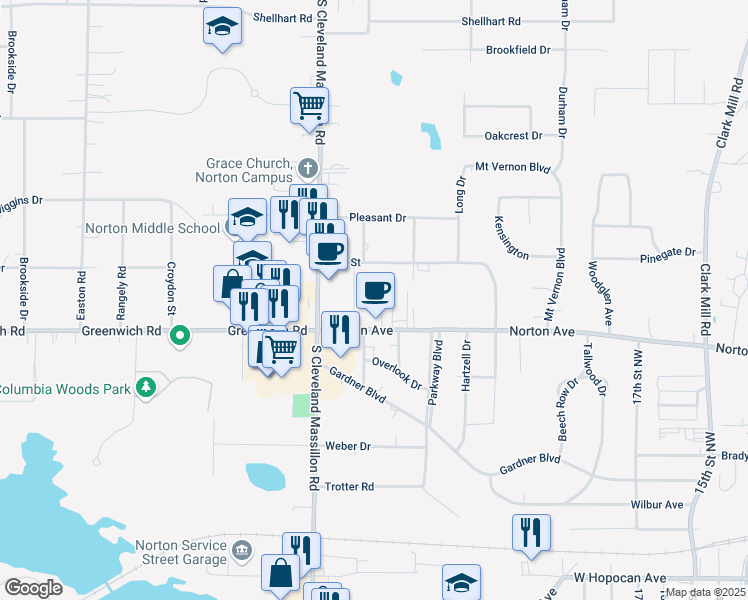 map of restaurants, bars, coffee shops, grocery stores, and more near 1275 Norton Avenue in Norton
