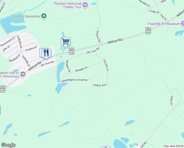map of restaurants, bars, coffee shops, grocery stores, and more near 610 Washington Crossing in East Stroudsburg