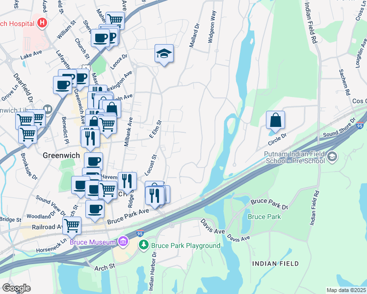 map of restaurants, bars, coffee shops, grocery stores, and more near 19 Le Grande Avenue in Greenwich