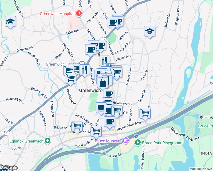 map of restaurants, bars, coffee shops, grocery stores, and more near 265 Greenwich Avenue in Greenwich