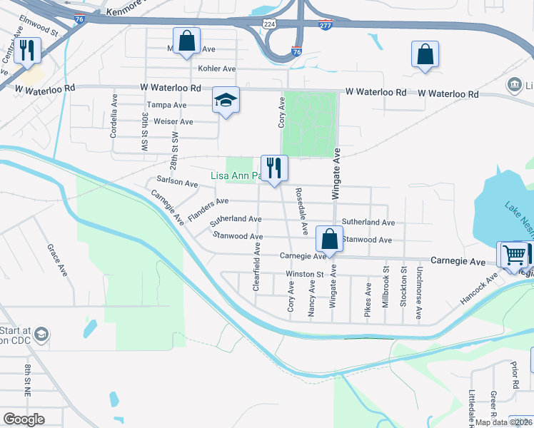 map of restaurants, bars, coffee shops, grocery stores, and more near 1078 Sutherland Avenue in Akron