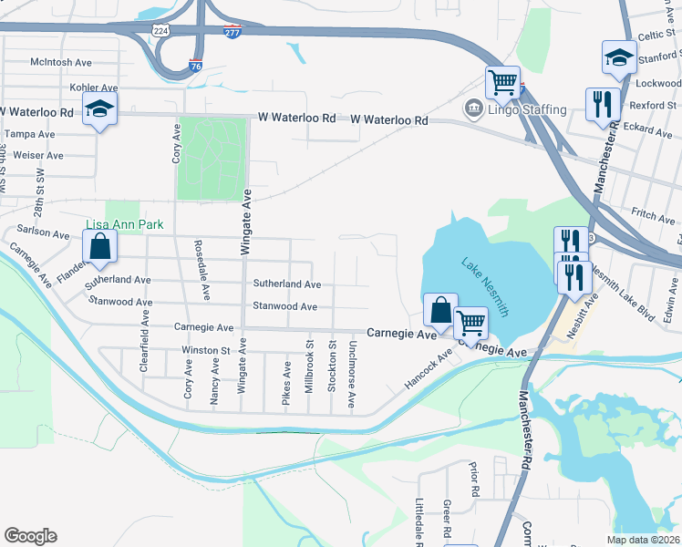 map of restaurants, bars, coffee shops, grocery stores, and more near 875 Sutherland Avenue in Akron