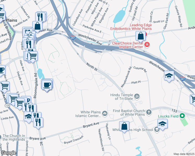 map of restaurants, bars, coffee shops, grocery stores, and more near 305 North Street in White Plains