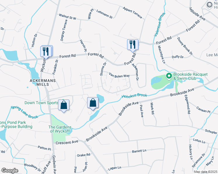 map of restaurants, bars, coffee shops, grocery stores, and more near 119 Macleish Court in Mahwah