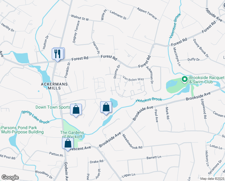 map of restaurants, bars, coffee shops, grocery stores, and more near Dickinson Lane in Mahwah