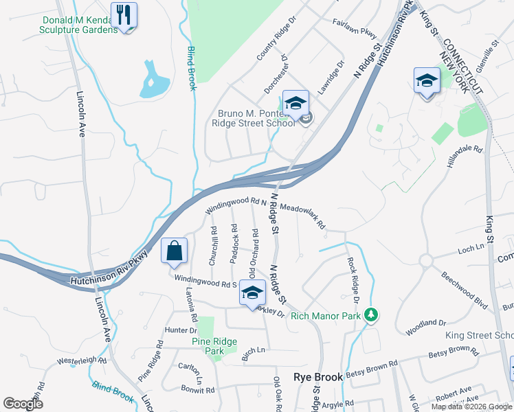 map of restaurants, bars, coffee shops, grocery stores, and more near 298 North Ridge Street in Rye Brook