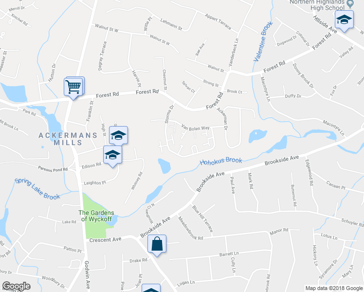 map of restaurants, bars, coffee shops, grocery stores, and more near 131 Macleish Court in Mahwah