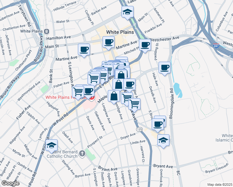 map of restaurants, bars, coffee shops, grocery stores, and more near 5 Greenridge Avenue in White Plains