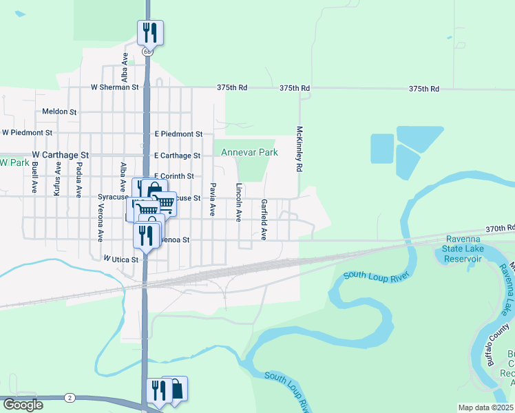 map of restaurants, bars, coffee shops, grocery stores, and more near 400-498 Garfield Avenue in Ravenna
