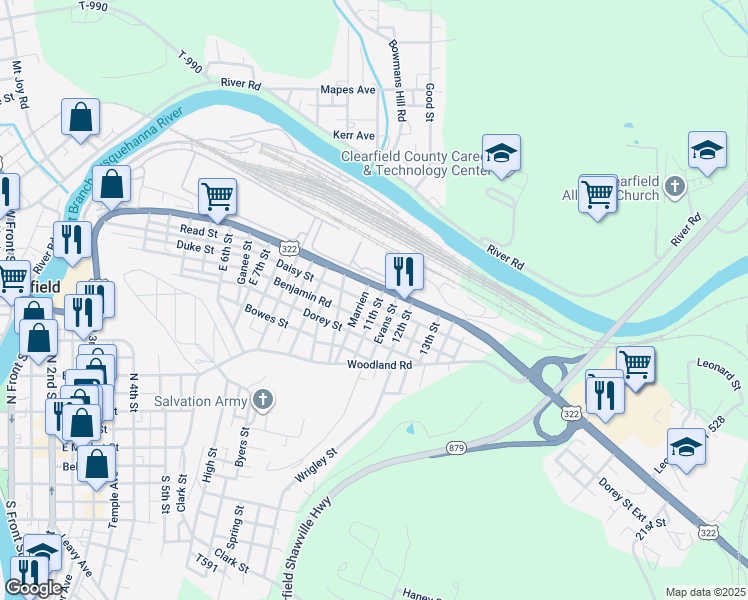 map of restaurants, bars, coffee shops, grocery stores, and more near 1024 Daisy Street in Clearfield