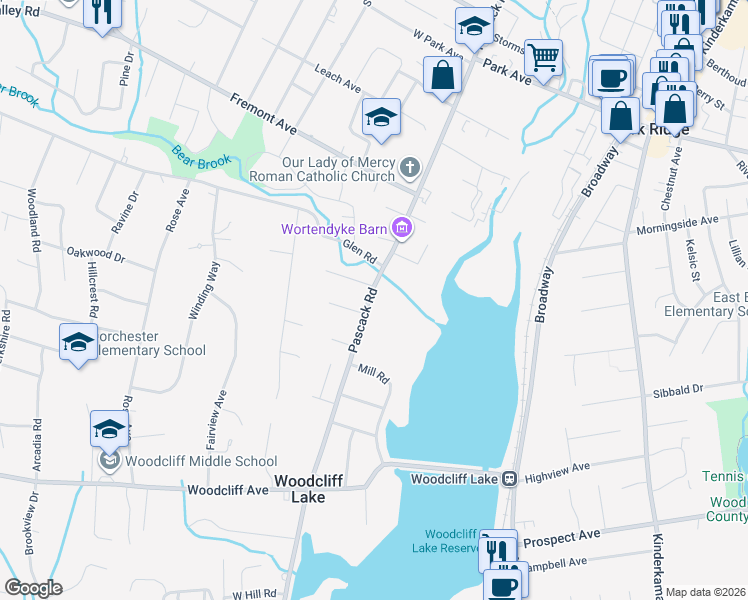 map of restaurants, bars, coffee shops, grocery stores, and more near 256 Pascack Road in Woodcliff Lake