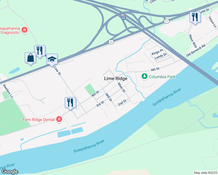 map of restaurants, bars, coffee shops, grocery stores, and more near 6365 Mill St in Bloomsburg