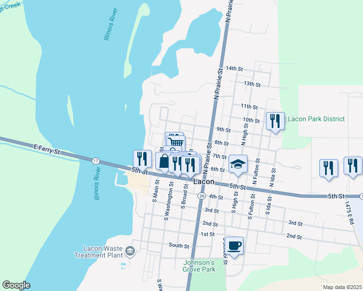 map of restaurants, bars, coffee shops, grocery stores, and more near 308 North Washington Street in Lacon