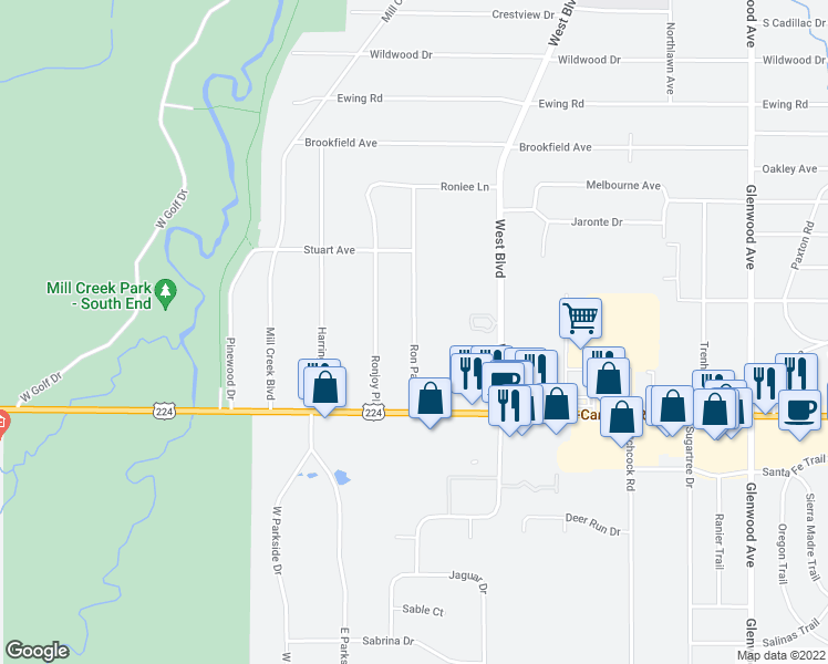map of restaurants, bars, coffee shops, grocery stores, and more near 7107 Ron Park Place in Youngstown