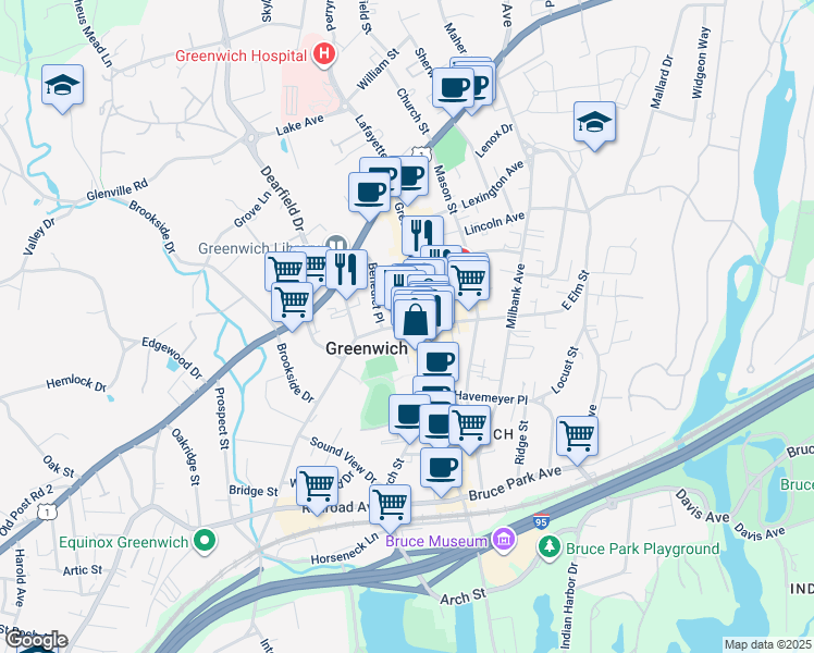 map of restaurants, bars, coffee shops, grocery stores, and more near 265 Greenwich Avenue in Greenwich