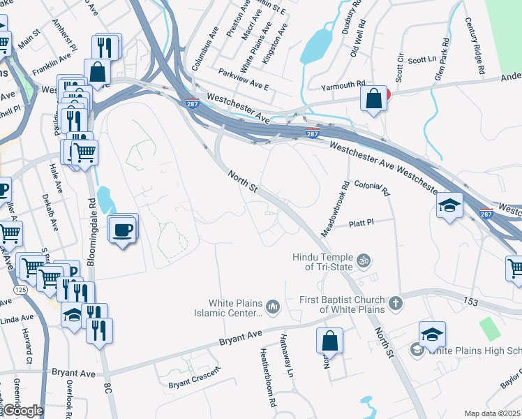 map of restaurants, bars, coffee shops, grocery stores, and more near 305 North Street in White Plains