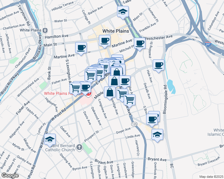 map of restaurants, bars, coffee shops, grocery stores, and more near 5 Greenridge Avenue in White Plains
