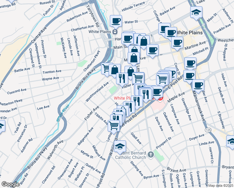 map of restaurants, bars, coffee shops, grocery stores, and more near 95 Bank Street in White Plains