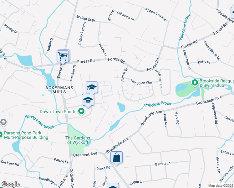 map of restaurants, bars, coffee shops, grocery stores, and more near 45 Edison Road in Mahwah