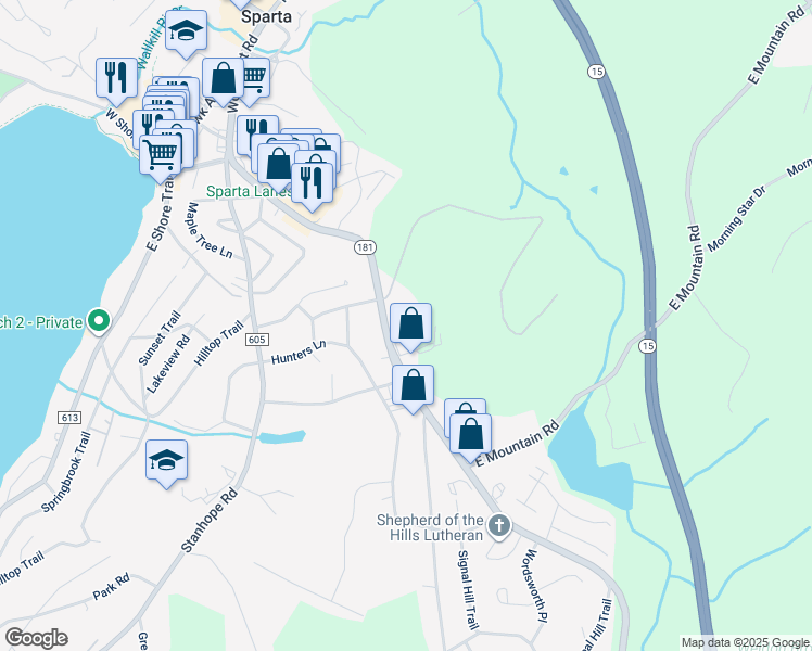 map of restaurants, bars, coffee shops, grocery stores, and more near 151C Woodport Road in Sparta