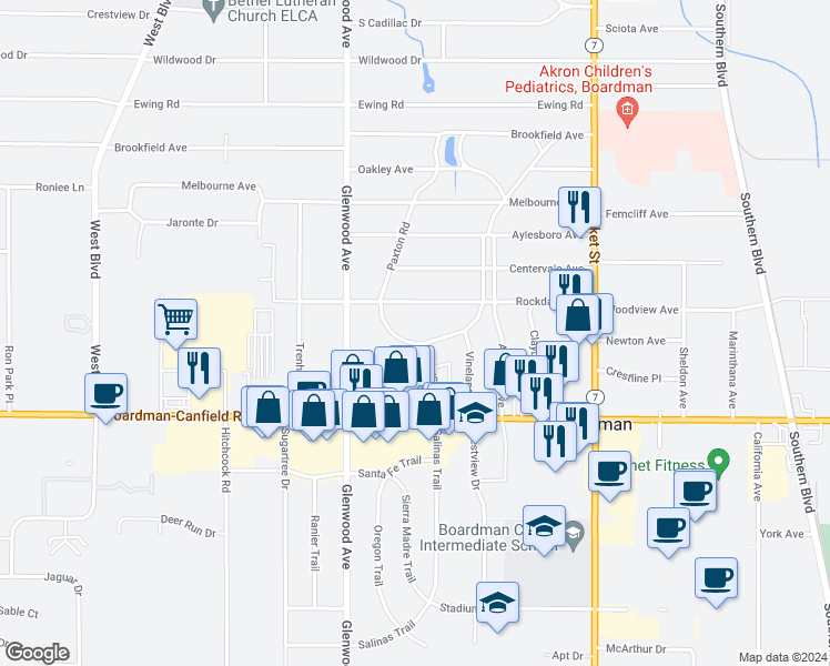 map of restaurants, bars, coffee shops, grocery stores, and more near 7198 Paxton Road in Youngstown