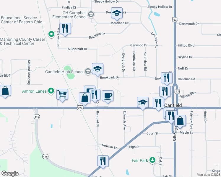 map of restaurants, bars, coffee shops, grocery stores, and more near 50 Stratford Green Drive in Canfield