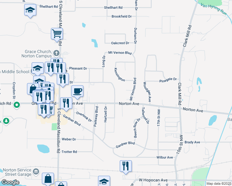 map of restaurants, bars, coffee shops, grocery stores, and more near 1131 Norton Avenue in Norton
