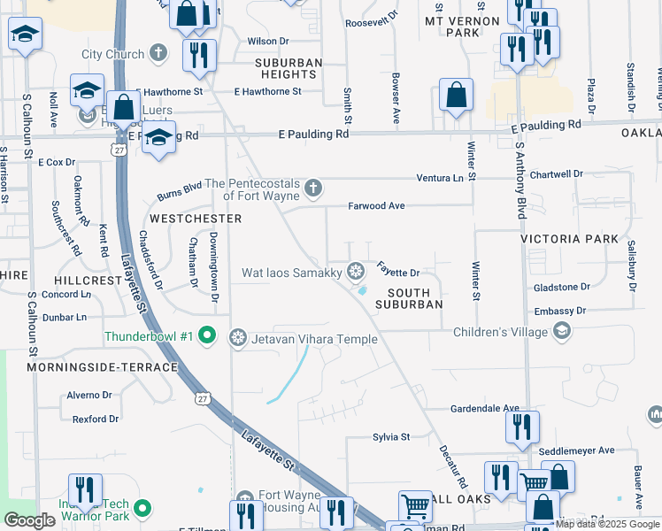 map of restaurants, bars, coffee shops, grocery stores, and more near 1004 Fayette Drive in Fort Wayne