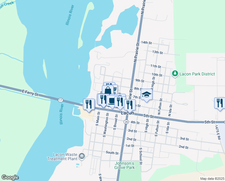 map of restaurants, bars, coffee shops, grocery stores, and more near 308 North Washington Street in Lacon
