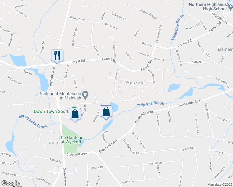map of restaurants, bars, coffee shops, grocery stores, and more near Storms Dr & Dickinson Ln in Mahwah
