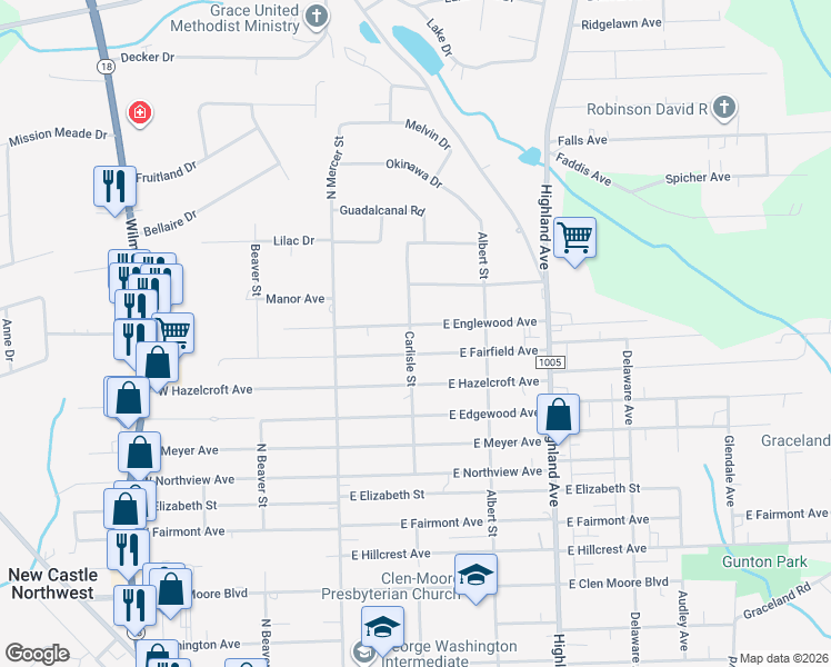 map of restaurants, bars, coffee shops, grocery stores, and more near 209 East Fairfield Avenue in New Castle