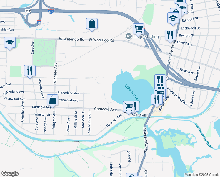 map of restaurants, bars, coffee shops, grocery stores, and more near 2655 Shoreline Drive in Akron