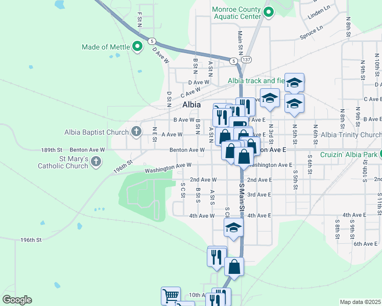 map of restaurants, bars, coffee shops, grocery stores, and more near 212 West Benton Avenue in Albia